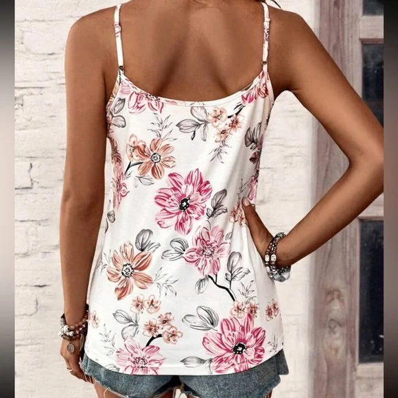 Boho Floral Lace Print Cami Top Blouse Shirt White - Picture 2 of 6
